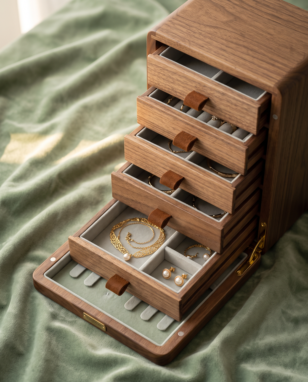Boîte à bijoux moderne en bois - vert sauge, bijoux à l'intérieur