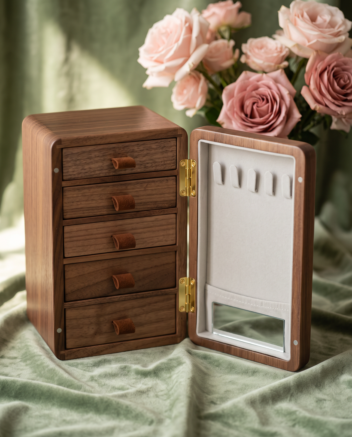 Boîte à bijoux moderne en bois - vert sauge, miroir intérieur