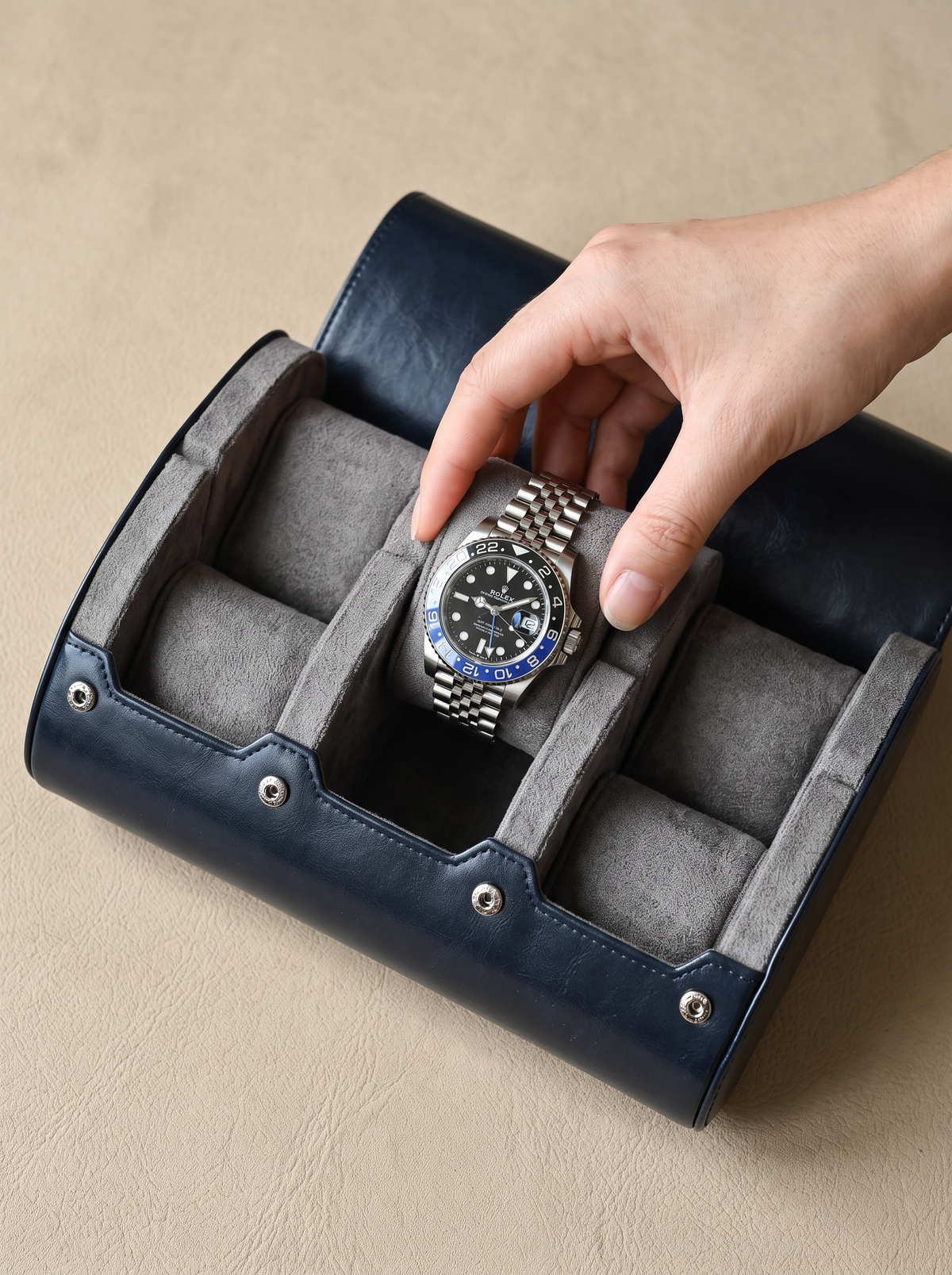 Boîte à Montre Homme 6 Compartiments Cuir PU Bleu Nuit – Écrin de Voyage Compact