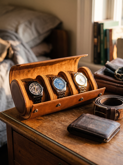 Boîte à Montre Homme 3 Compartiments Cuir Marron – Fabrication Artisanale