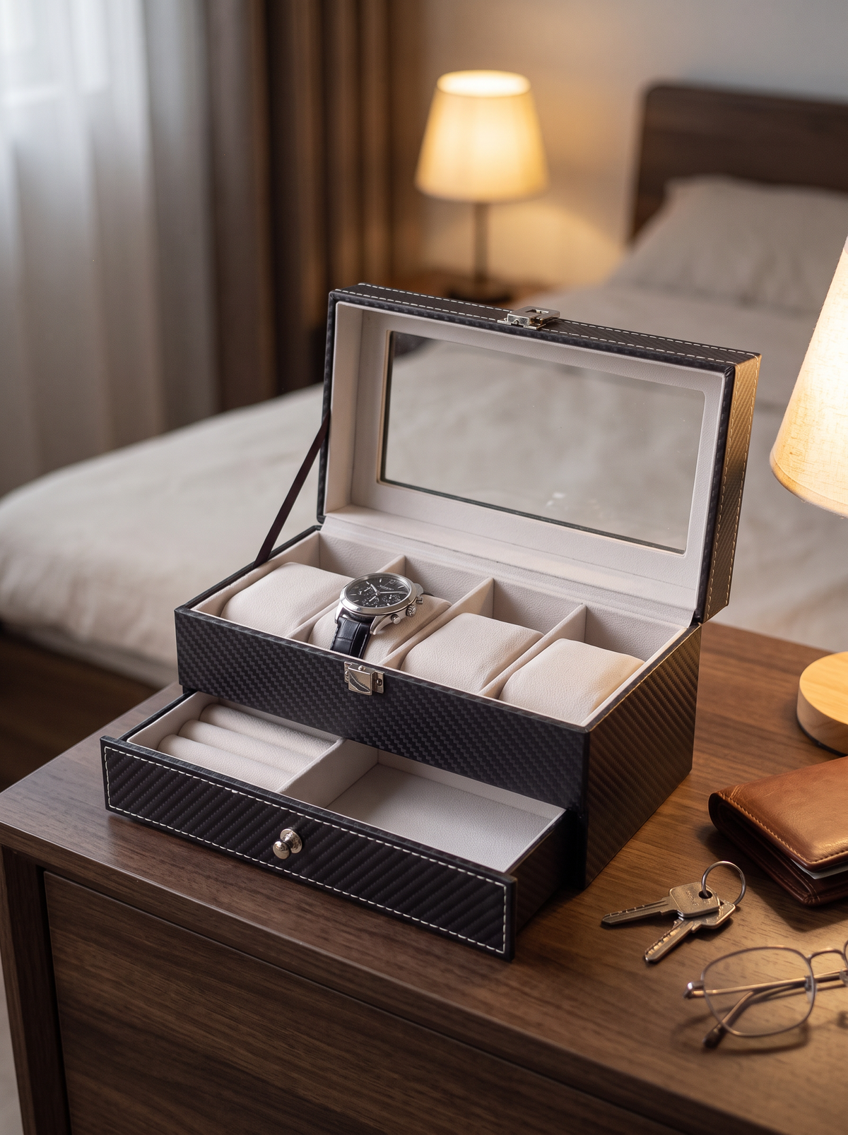 Boîte à Montre Homme Double Niveau Cuir PU Noir – Coffret Cadeau avec Coussin