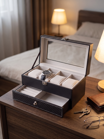 Boîte à Montre Homme Double Niveau Cuir PU Noir – Coffret Cadeau avec Coussin