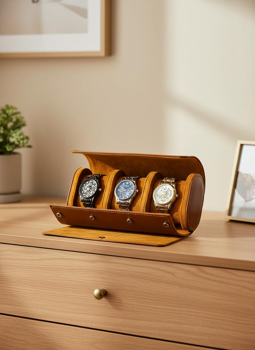 Boîte à 3 montres cuir marron sur commode en chêne
