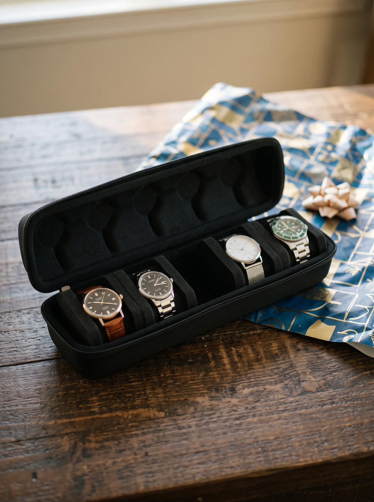 Boîte à Montre Homme 5 Compartiments Ronde Noire – Coque Rigide Cadeau