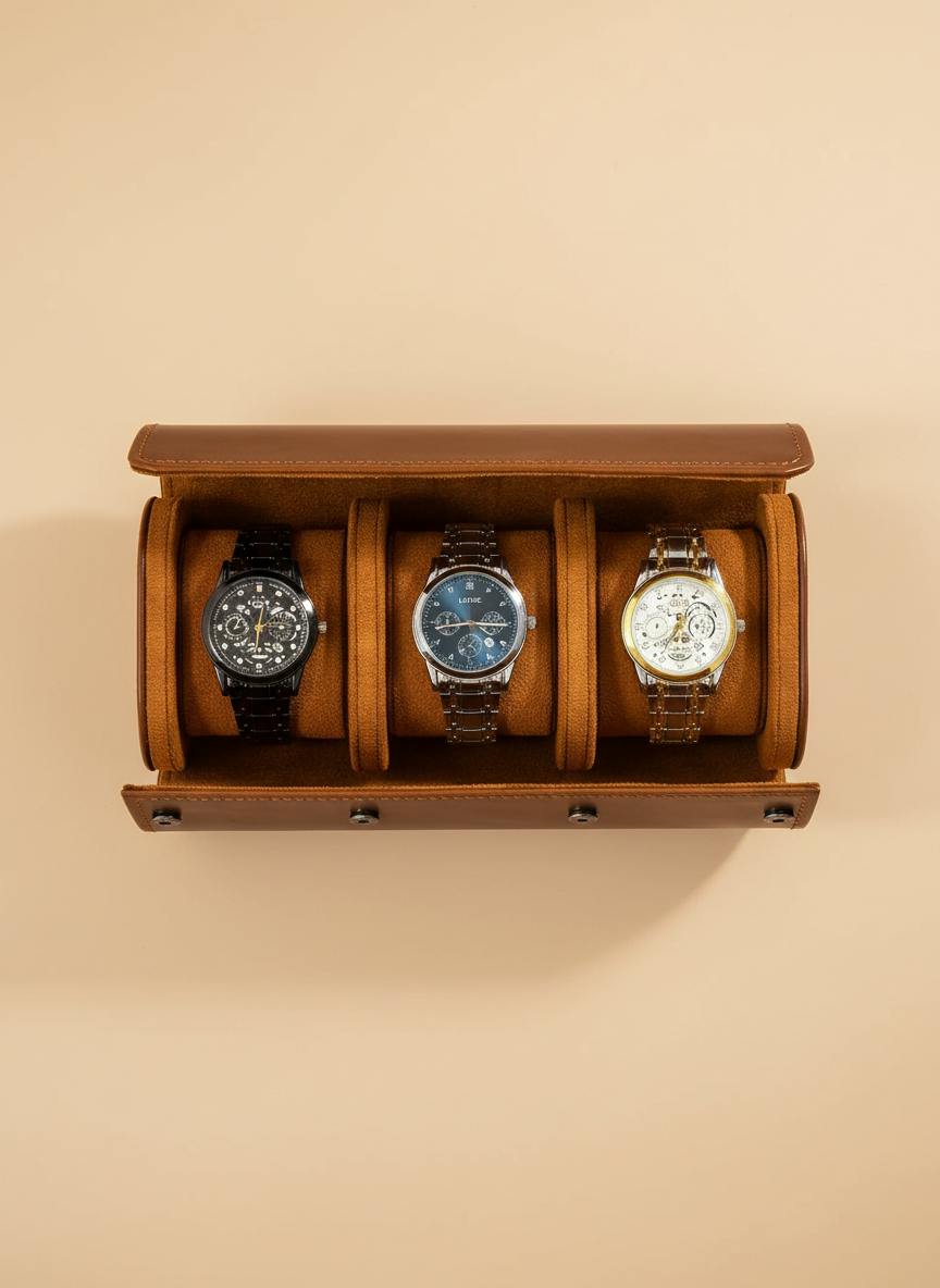 Vue du dessus des 3 compartiments à montres en cuir marron
