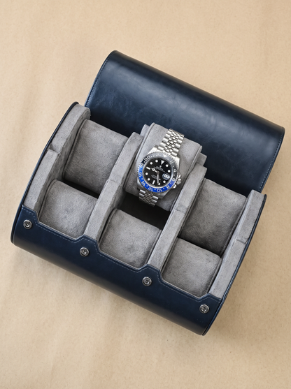 Boîte à Montre Homme 6 Compartiments Cuir PU Bleu Nuit – Écrin de Voyage Compact