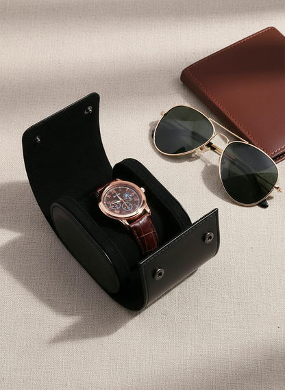 Étui à montre de voyage cuir PU noir avec accessoires