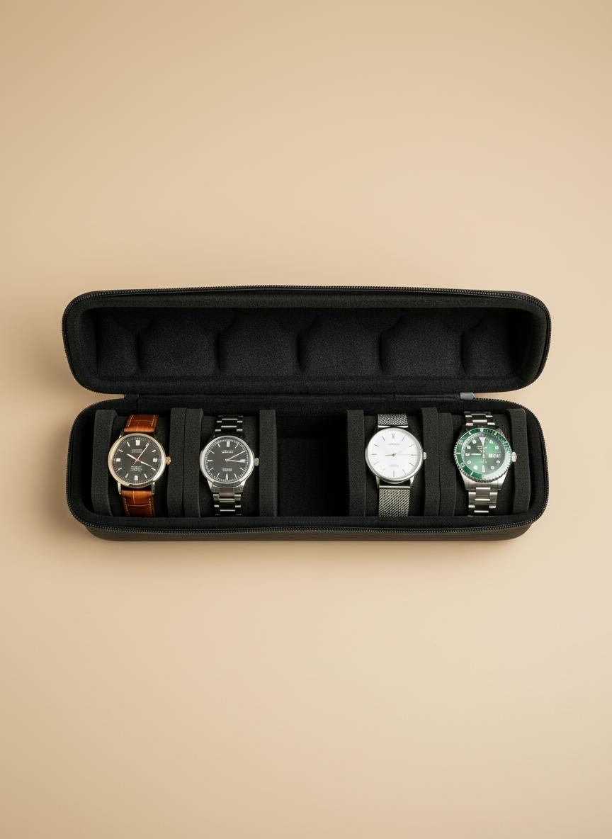 Vue du dessus des 5 compartiments à montres