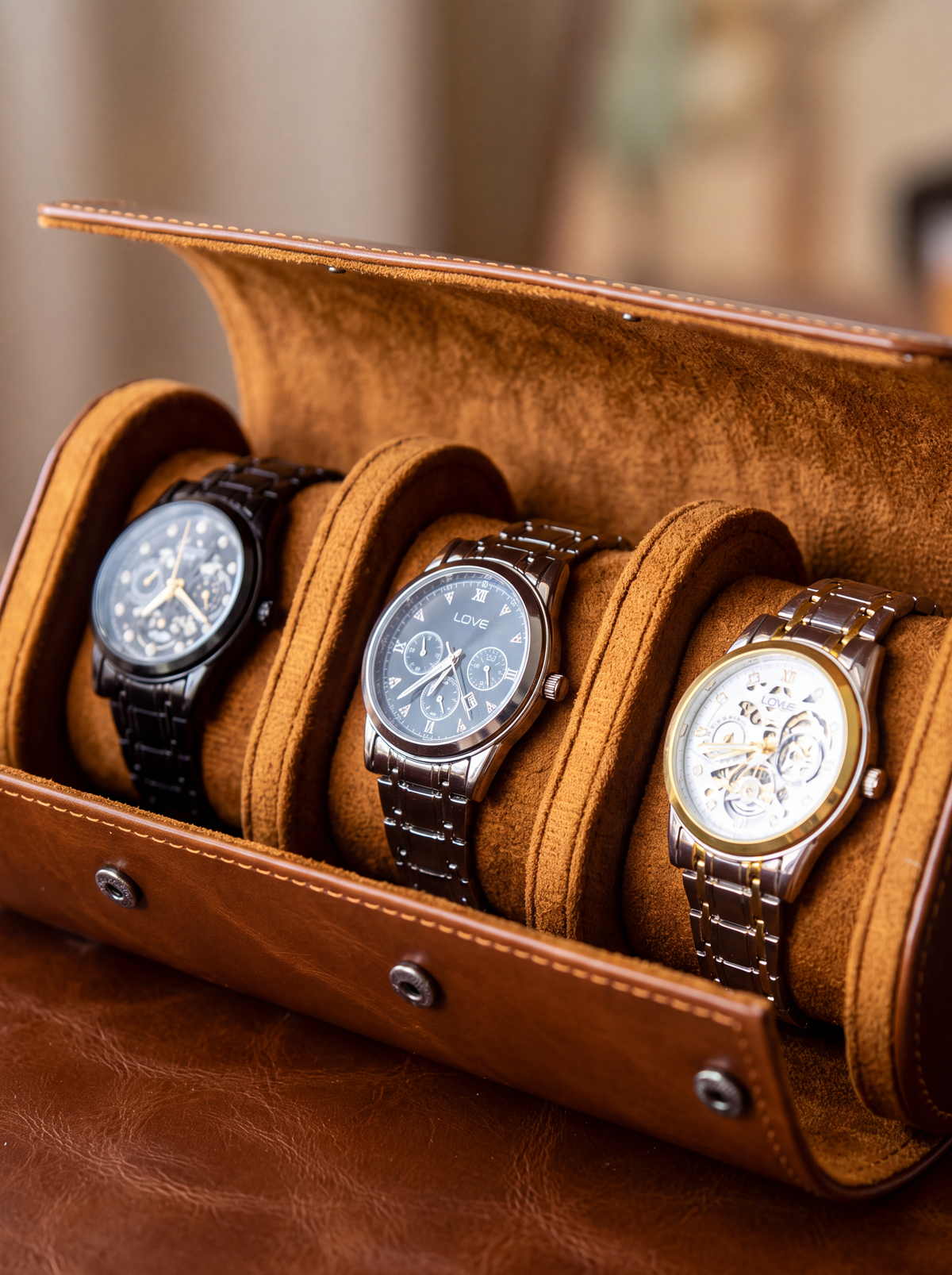 Boîte à Montre Homme 3 Compartiments Cuir Marron – Fabrication Artisanale