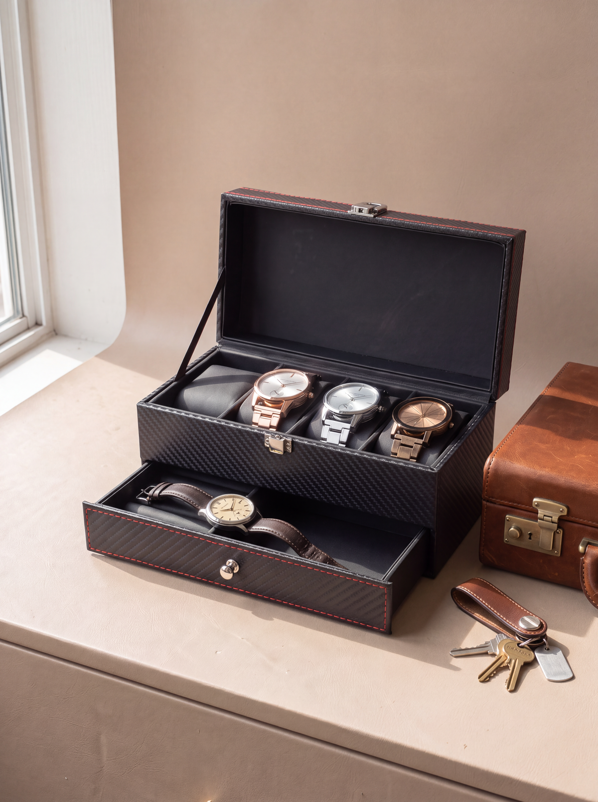 Boîte à Montre Homme Double Niveau Premium Cuir PU Noir – Coffret Cadeau
