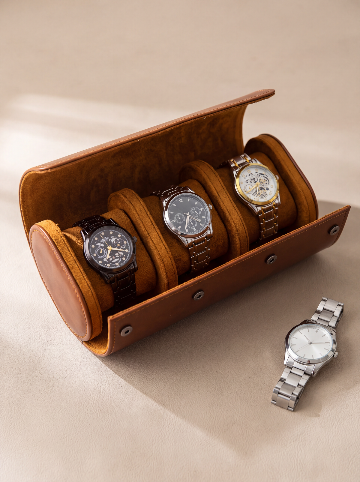Boîte à Montre Homme 3 Compartiments Cuir Marron – Fabrication Artisanale