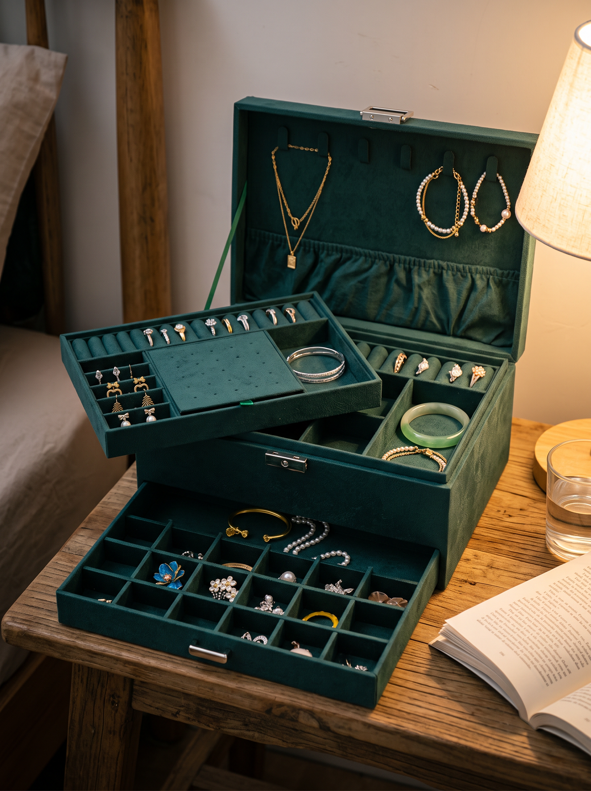 Boîte à Bijoux 3 Niveaux Vert Foncé – Tiroirs et Doublure Velours