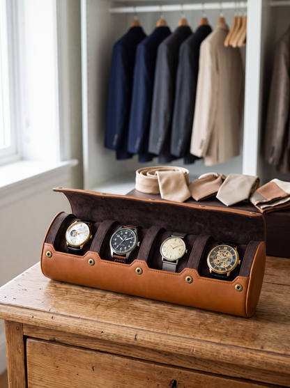 Boîte à Montre Homme 4 Compartiments Cuir PU Marron – Écrin de Voyage Compact