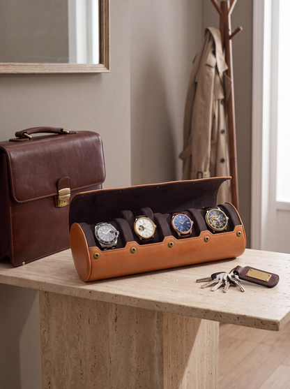 Boîte à Montre Homme 4 Compartiments Cuir PU Marron – Écrin de Voyage Compact