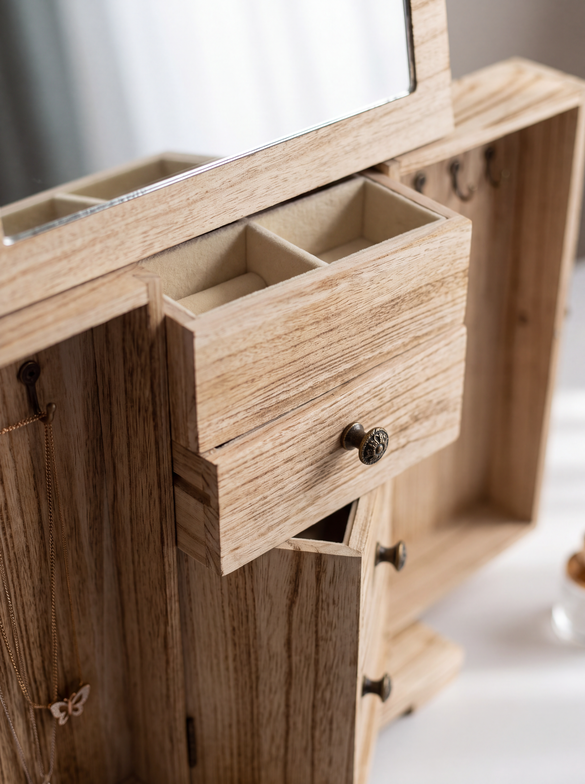 Boîte à Bijoux en Bois 4 Niveaux – 2 Tiroirs et Miroir Intégré