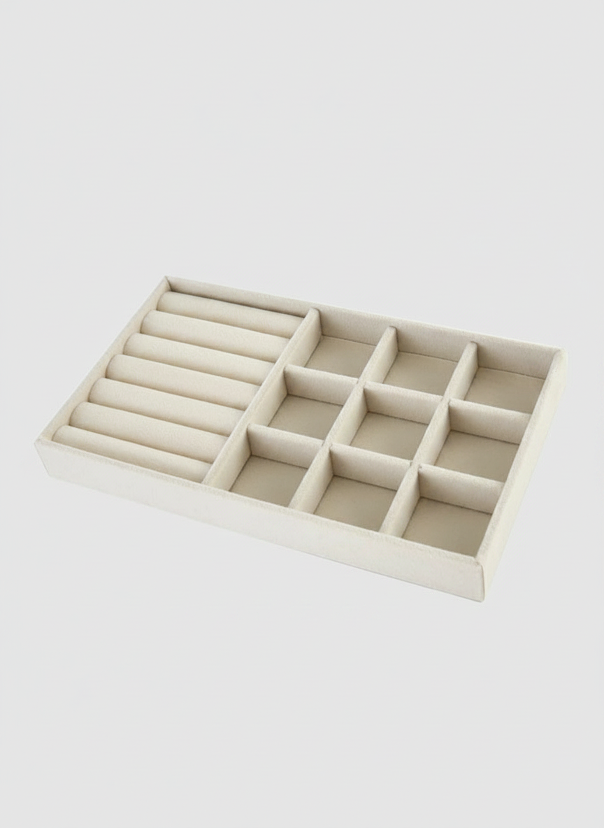 Plateau à bijoux velours beige 9 compartiments