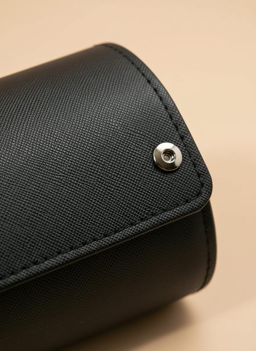 Zoom sur le cuir croisé, les coutures et le bouton-pression