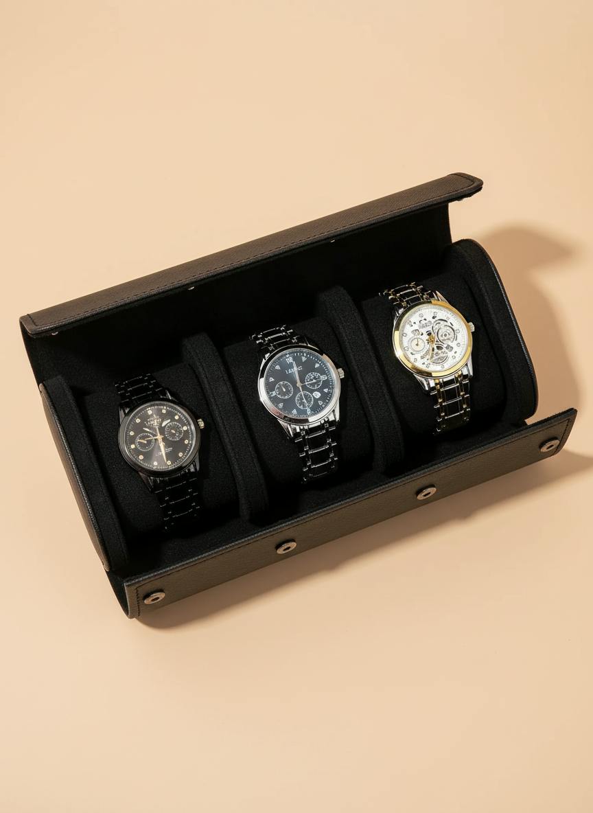 Vue du dessus des 3 compartiments à montres en cuir noir