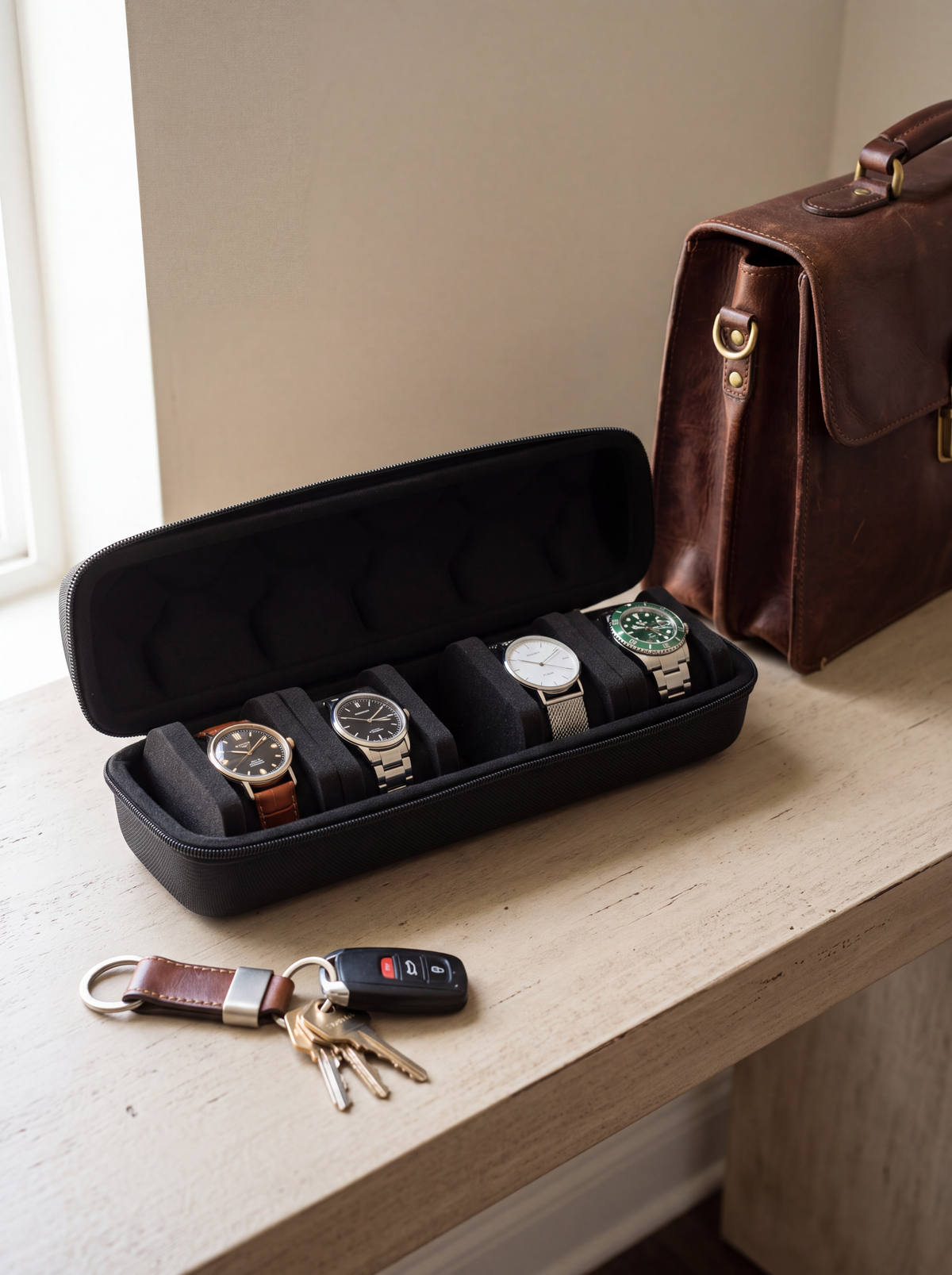 Boîte à Montre Homme 5 Compartiments Ronde Noire – Coque Rigide Cadeau