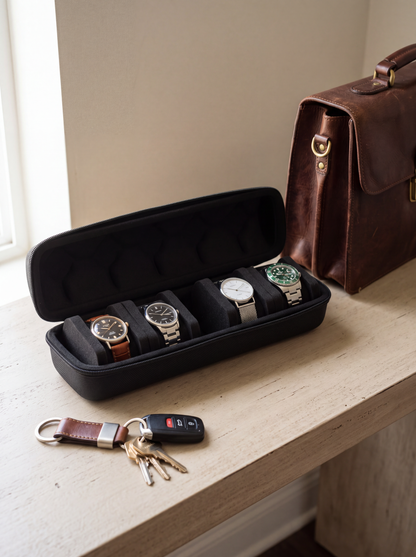 Boîte à Montre Homme 5 Compartiments Ronde Noire – Coque Rigide Cadeau