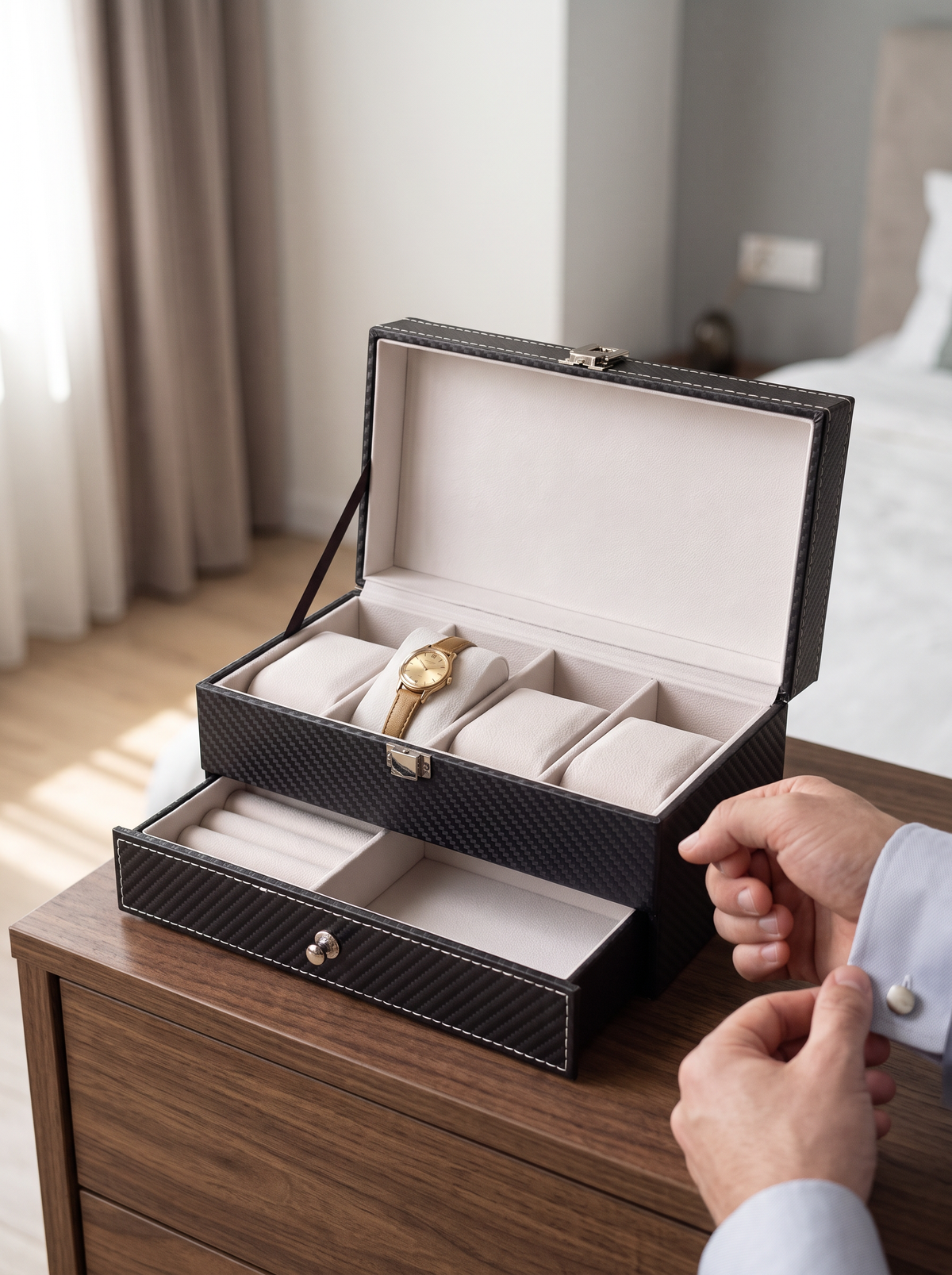 Boîte à Montre Homme Double Niveau Cuir PU Noir – Coffret Cadeau avec Coussin