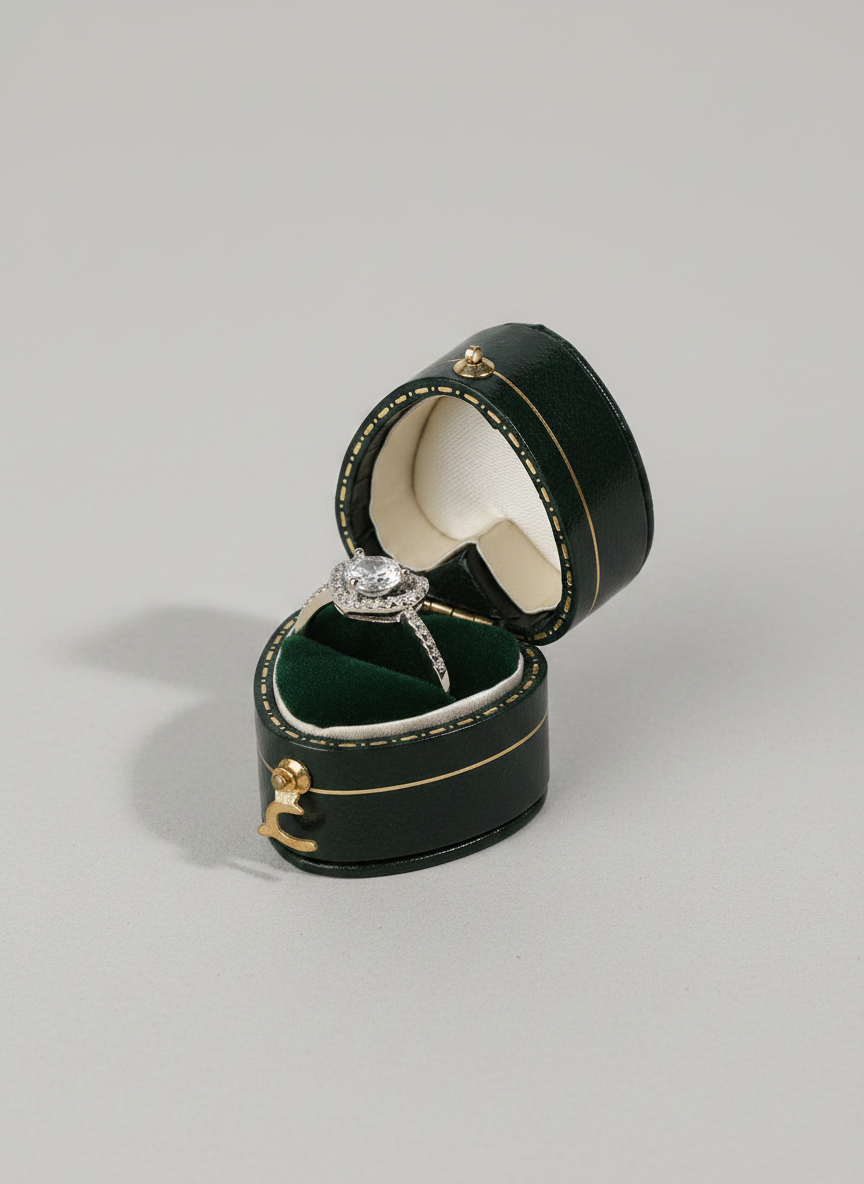 Écrin à bague mini rétro vert avec bague de fiançailles