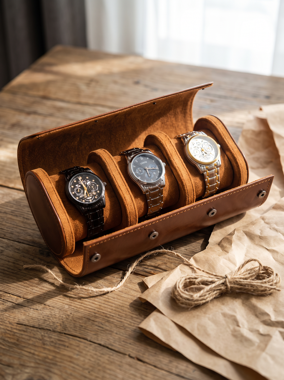 Boîte à Montre Homme 3 Compartiments Cuir Marron – Fabrication Artisanale