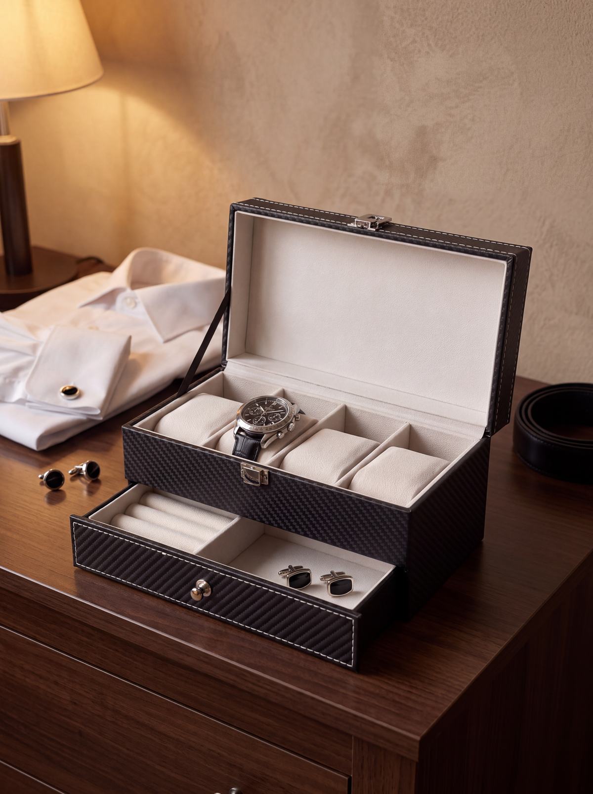 Boîte à Montre Homme Double Niveau Cuir PU Noir – Coffret Cadeau avec Coussin