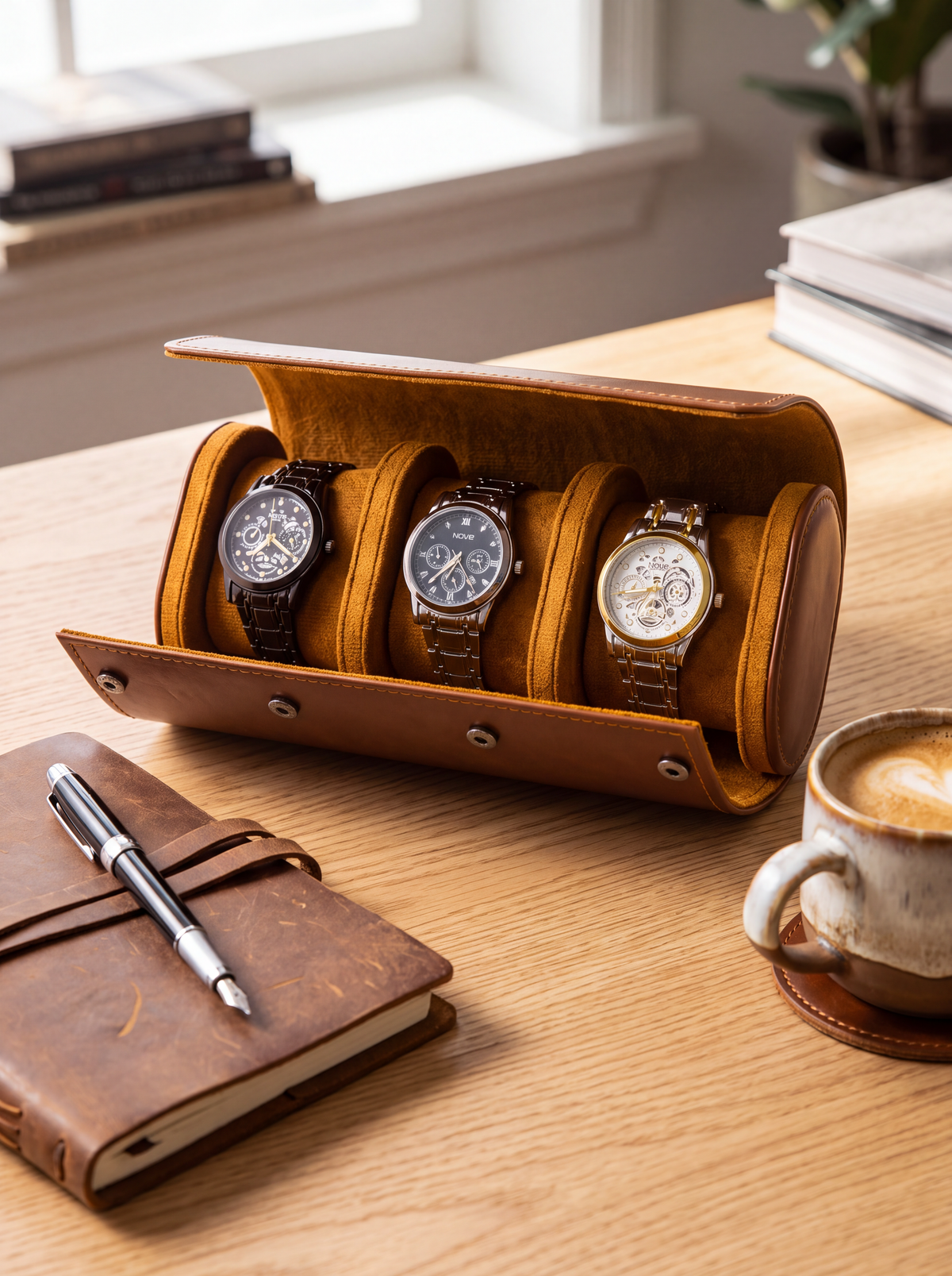 Boîte à Montre Homme 3 Compartiments Cuir Marron – Fabrication Artisanale