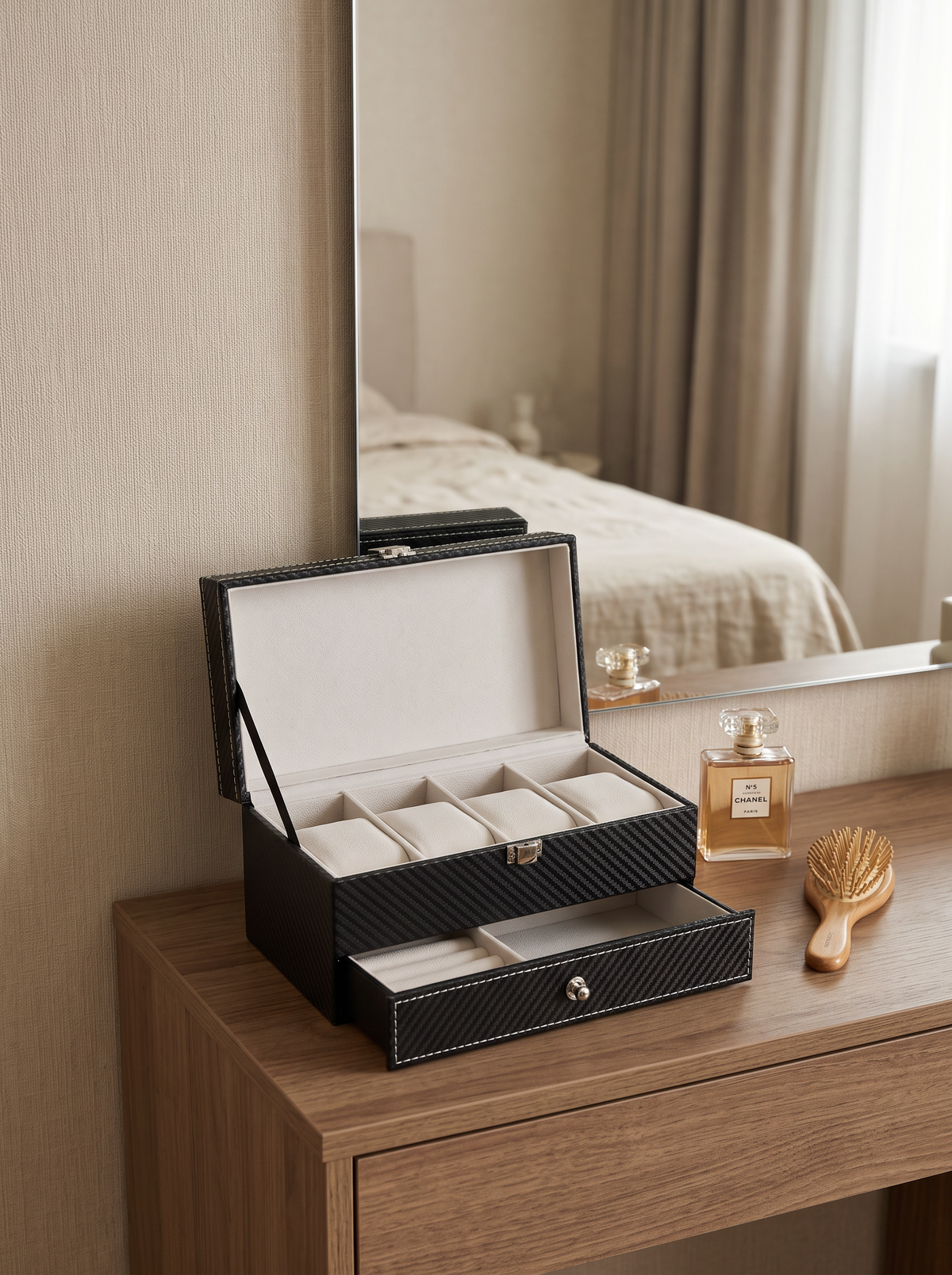 Boîte à Montre Homme Double Niveau Cuir PU Noir – Coffret Cadeau avec Coussin