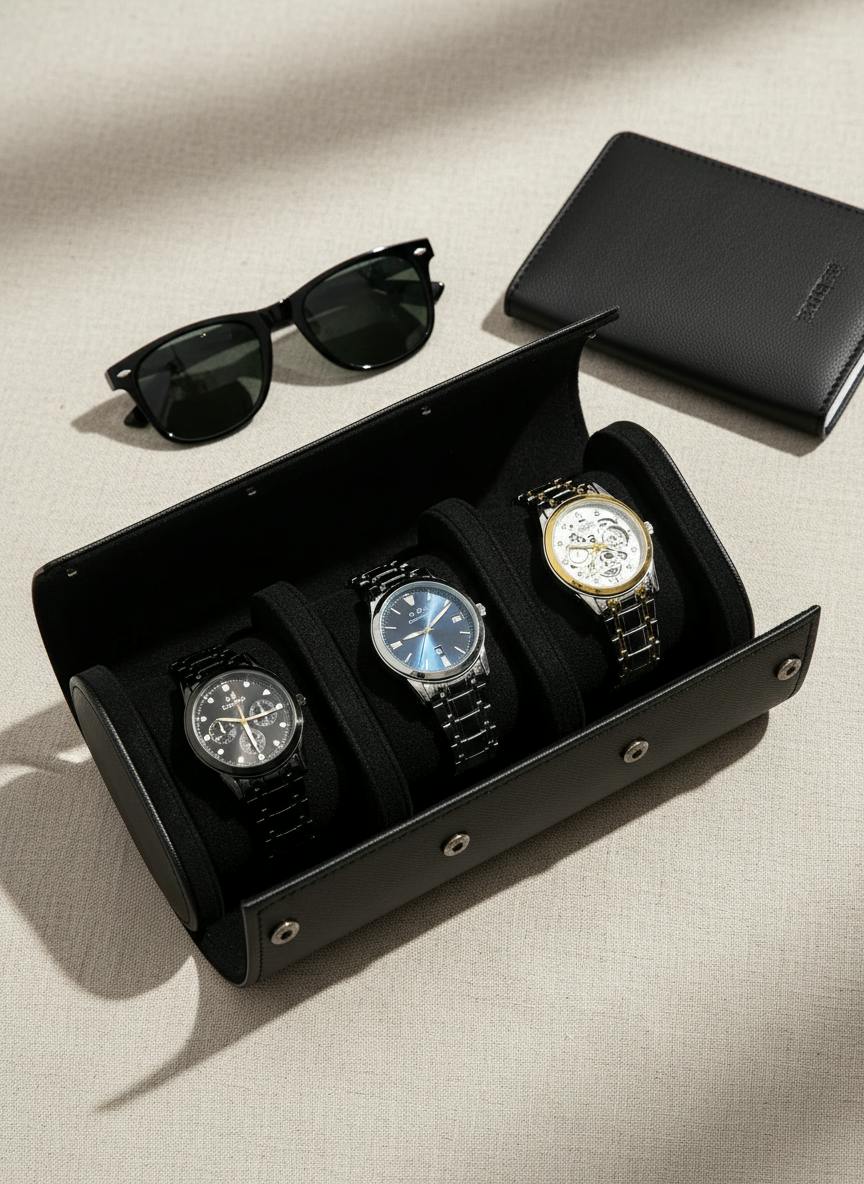 Étui de voyage 3 montres cuir noir avec accessoires