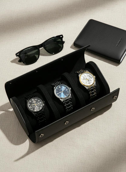 Étui de voyage 3 montres cuir noir avec accessoires