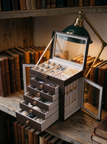 Boîte à Bijoux Multi-Niveaux 6 Étages – Fenêtres, Style Bois Vintage