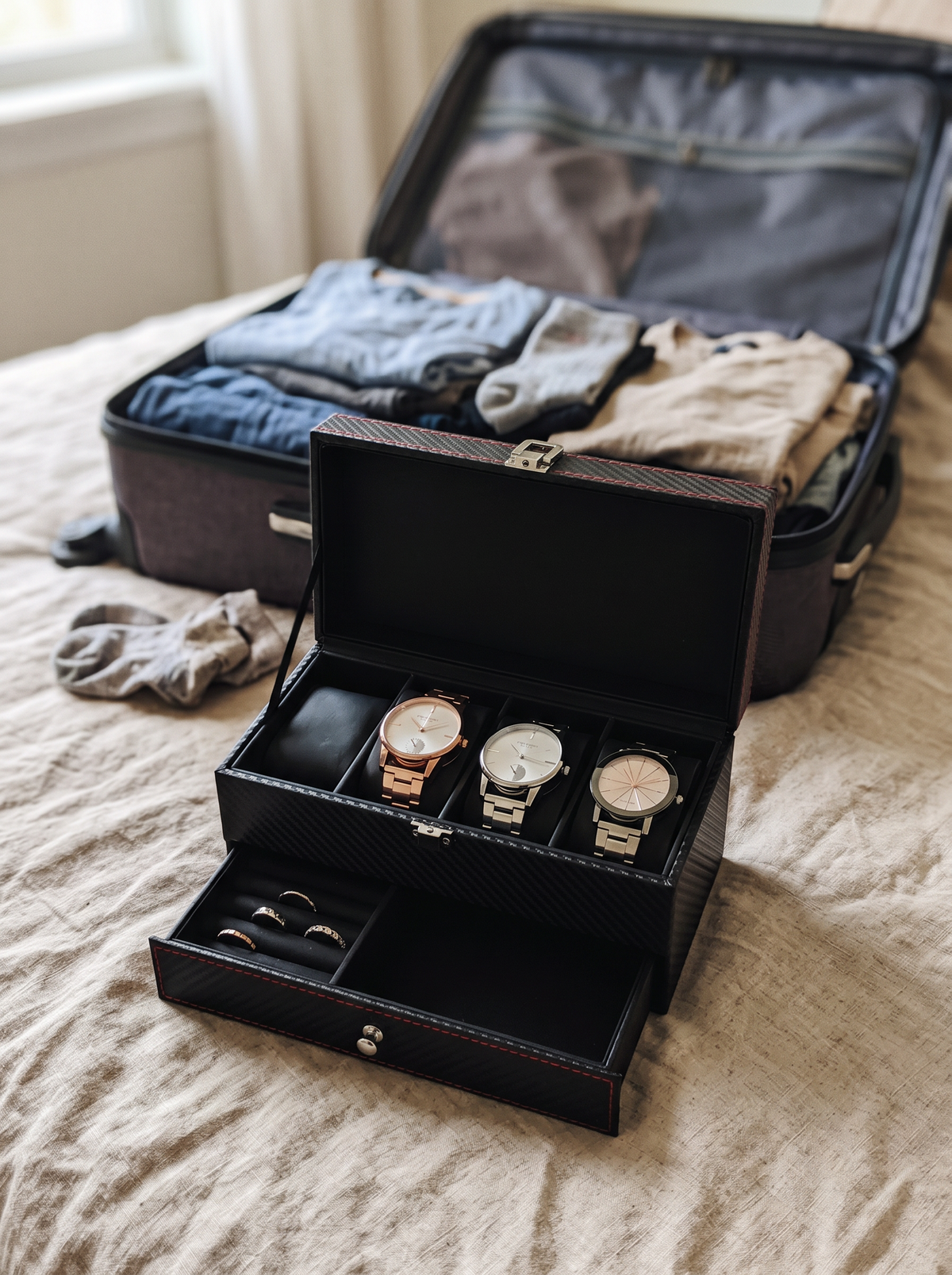 Boîte à Montre Homme Double Niveau Premium Cuir PU Noir – Coffret Cadeau