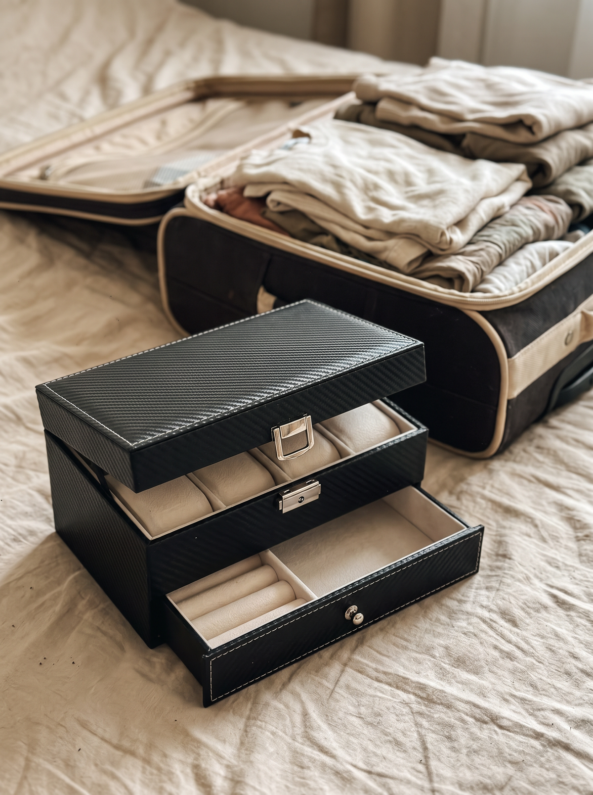 Boîte à Montre Homme Double Niveau Cuir PU Noir – Coffret Cadeau avec Coussin