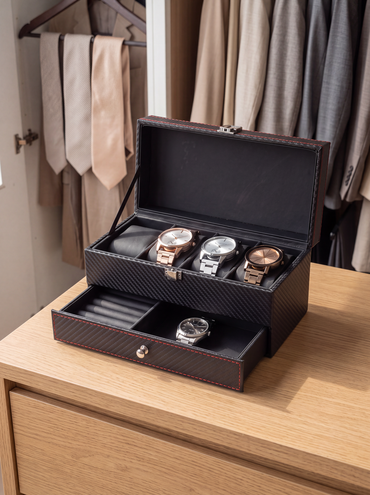 Boîte à Montre Homme Double Niveau Premium Cuir PU Noir – Coffret Cadeau