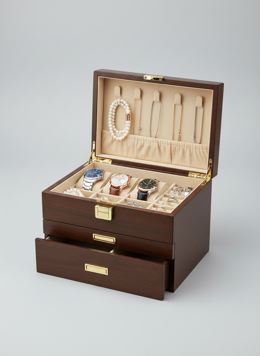 Boîte à bijoux et montres bois de noyer noir avec montres et bijoux