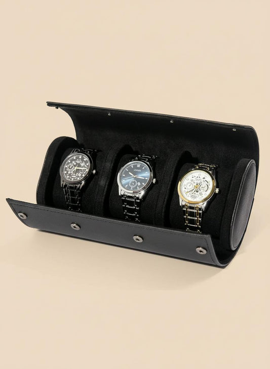 Boîte à montre 3 compartiments cuir noir croisé ouverte, fond beige
