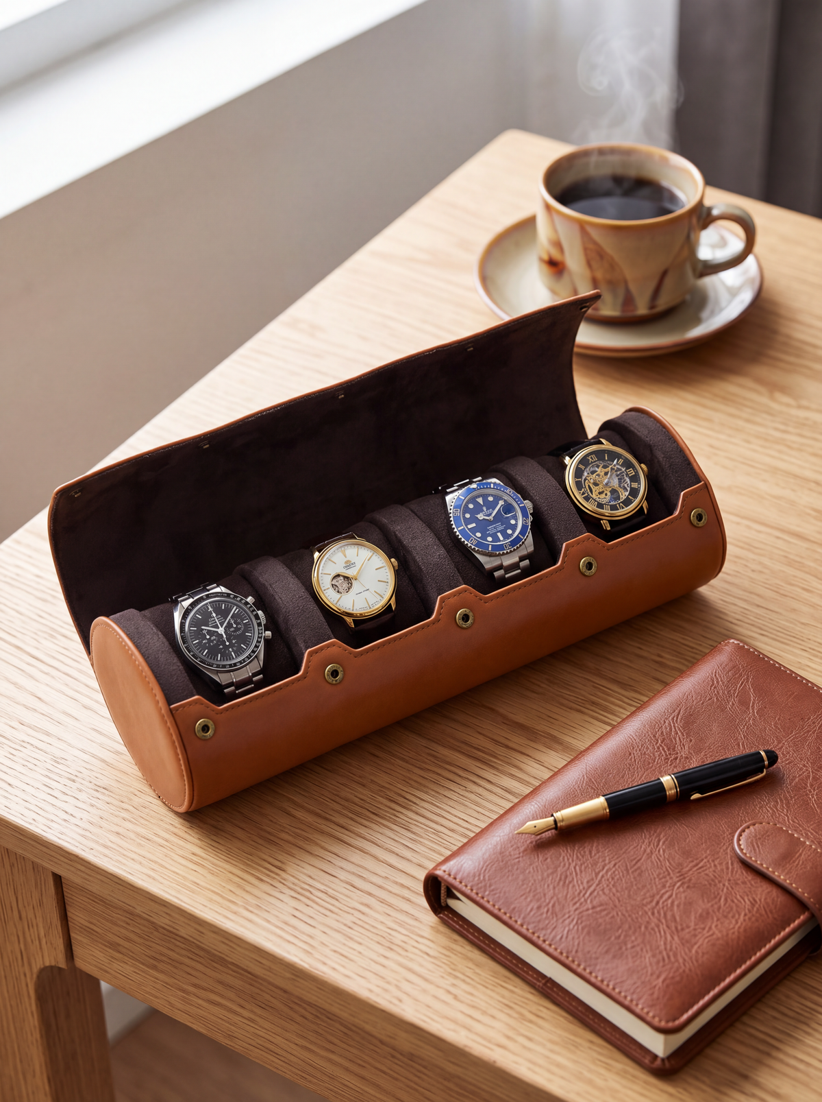 Boîte à Montre Homme 4 Compartiments Cuir PU Marron – Écrin de Voyage Compact