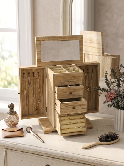 Boîte à Bijoux en Bois 4 Niveaux – 2 Tiroirs et Miroir Intégré