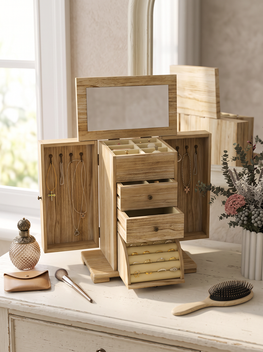 Boîte à Bijoux en Bois 4 Niveaux – 2 Tiroirs et Miroir Intégré