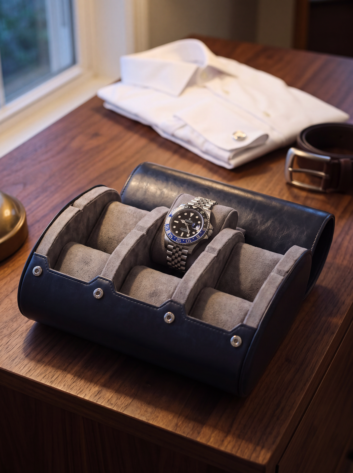 Boîte à Montre Homme 6 Compartiments Cuir PU Bleu Nuit – Écrin de Voyage Compact