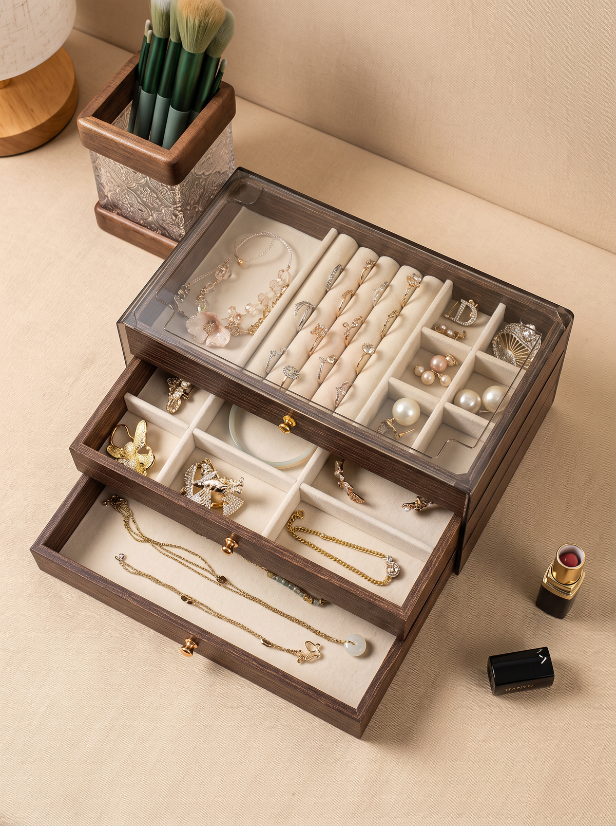 Boîte à Bijoux Multi-Niveaux en Velours