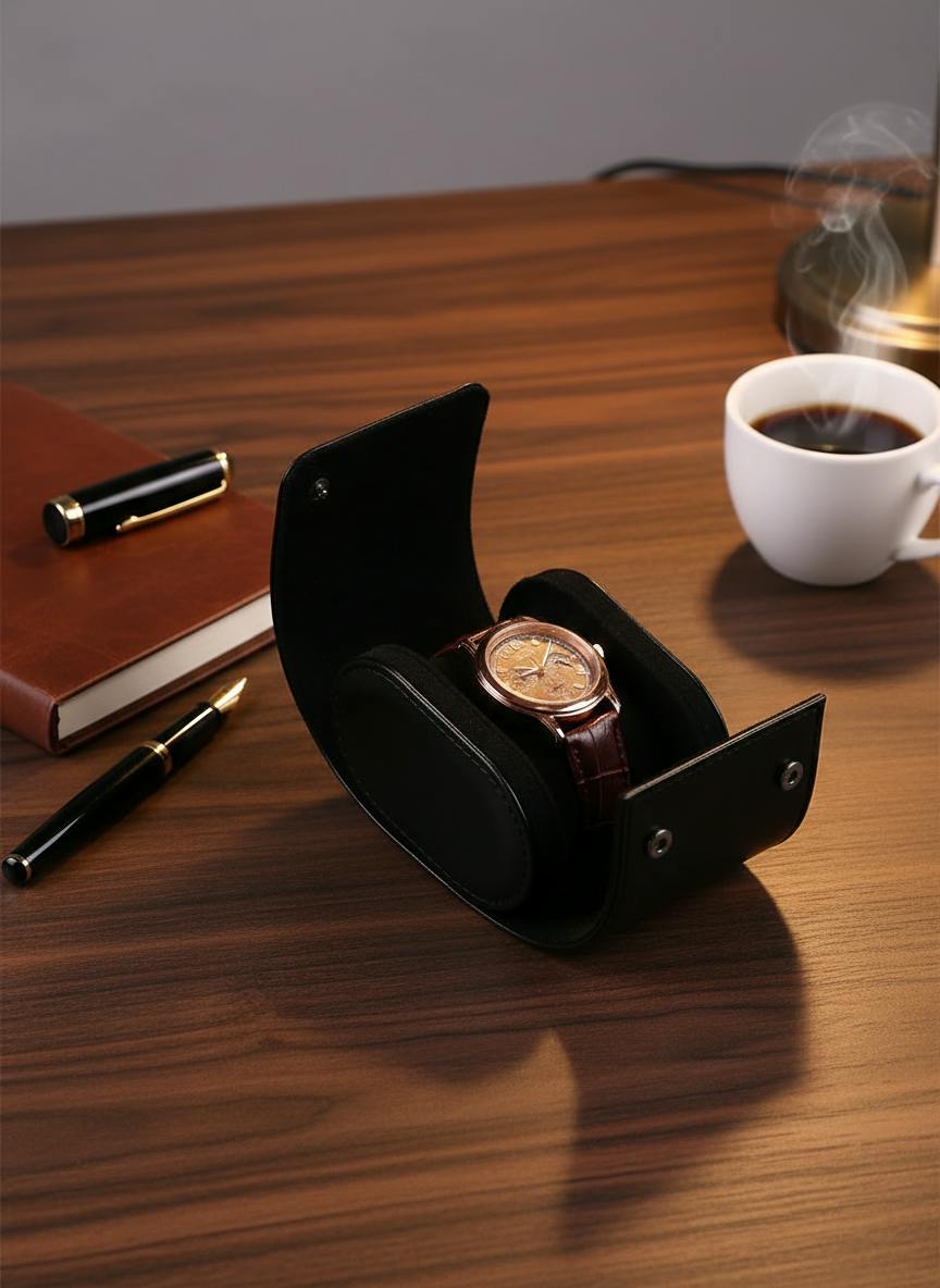 Étui à montre cuir noir ouvert sur bureau, idée cadeau