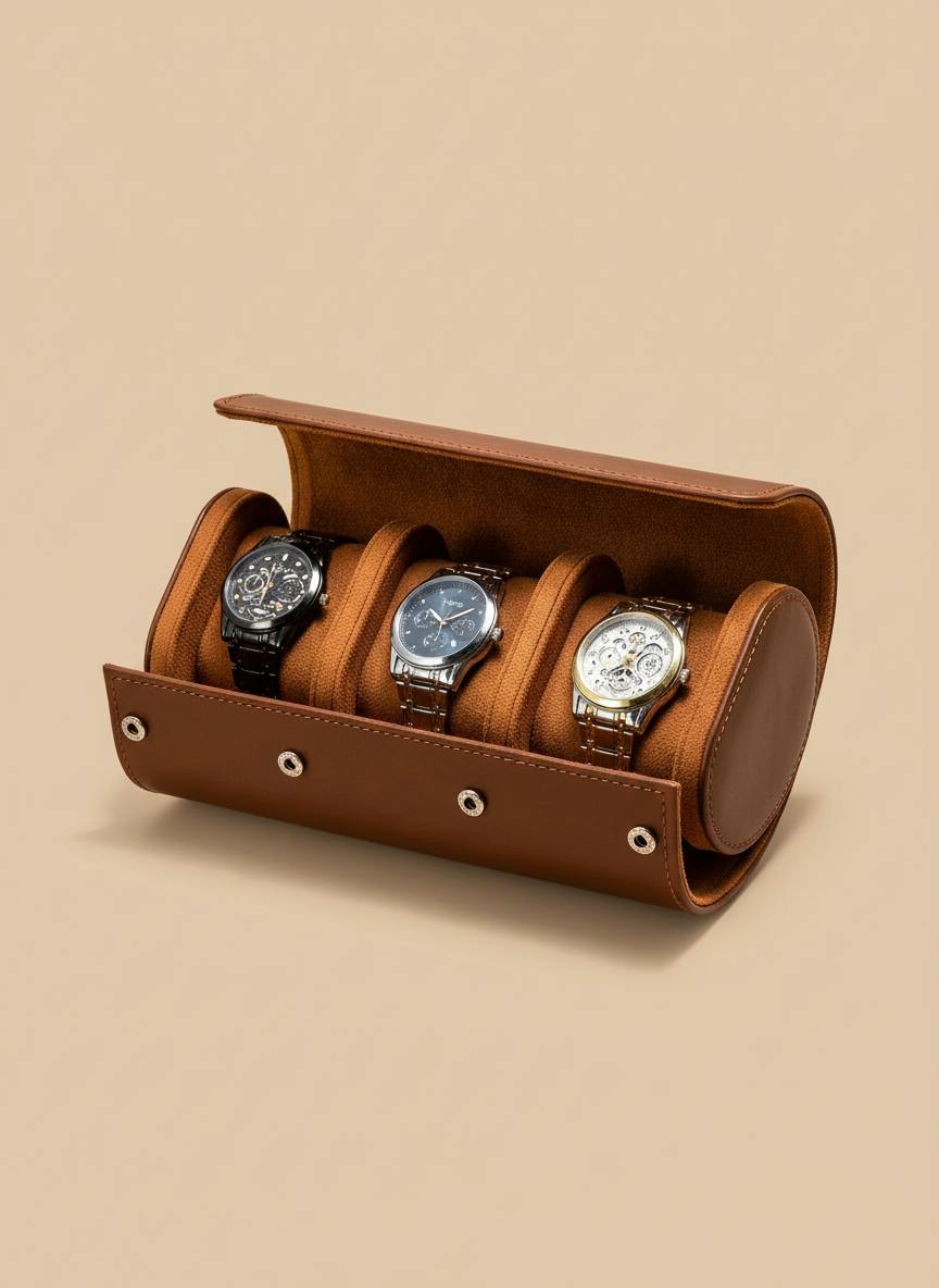 Boîte à montre 3 compartiments cuir marron ouverte, fond beige