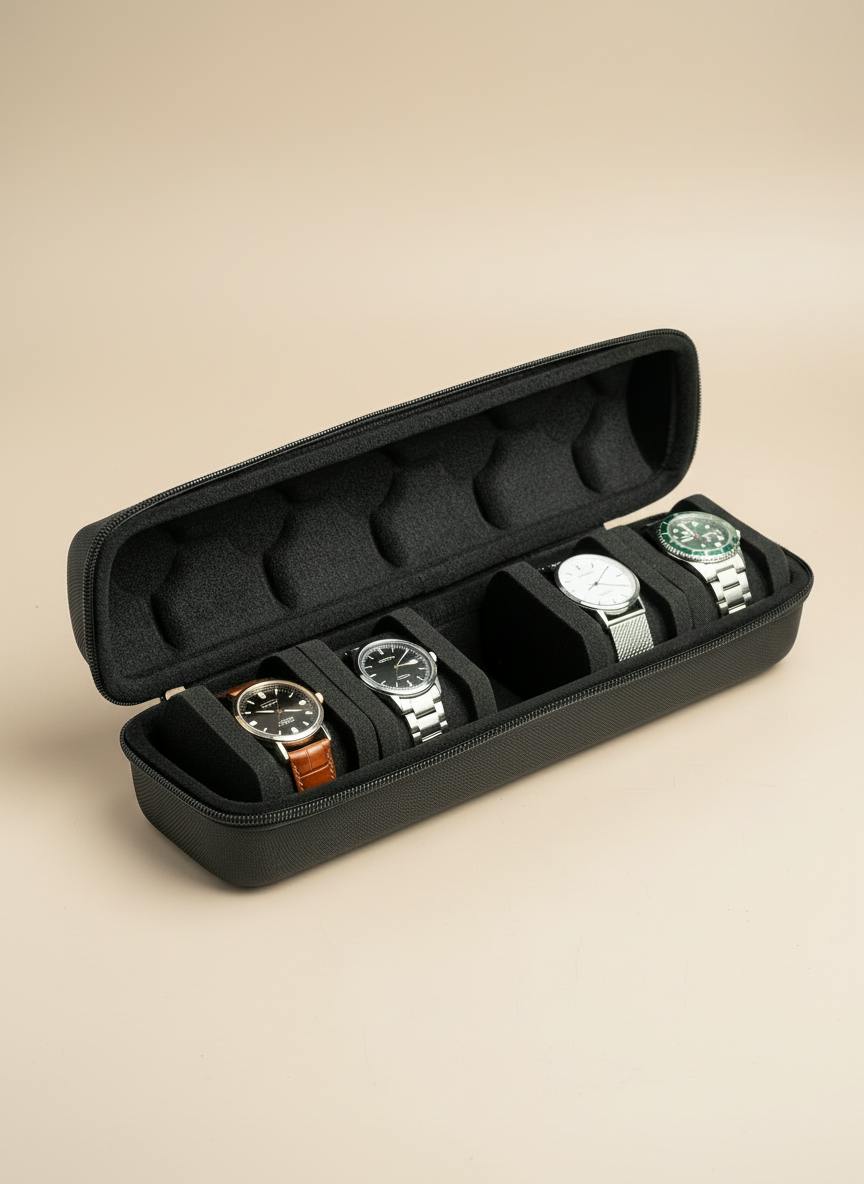 Boîte à montre 5 compartiments noire coque rigide, ouverte sur fond beige
