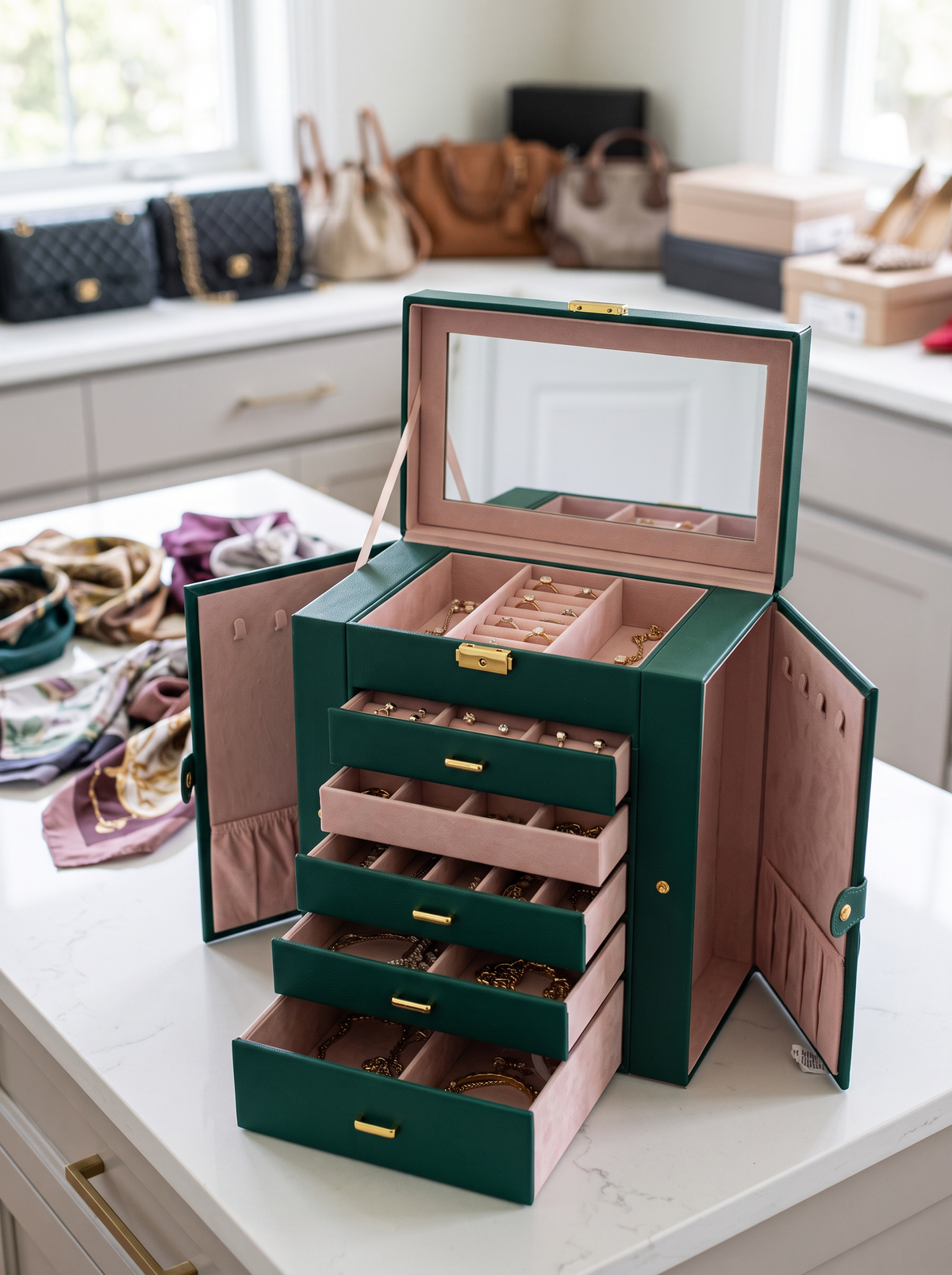 Boîte à Bijoux 5 Niveaux avec Miroir – Cuir et Velours