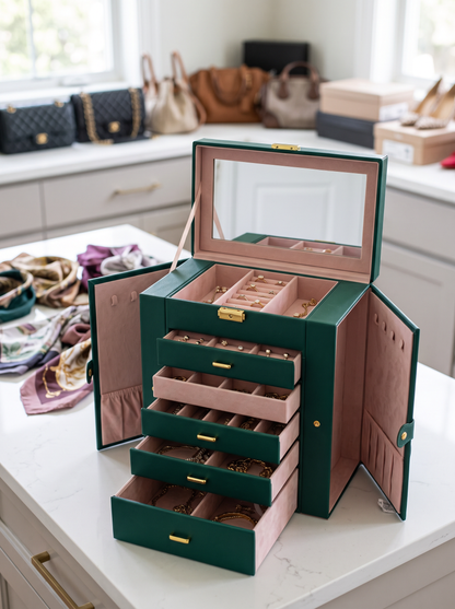 Boîte à Bijoux 5 Niveaux avec Miroir – Cuir et Velours