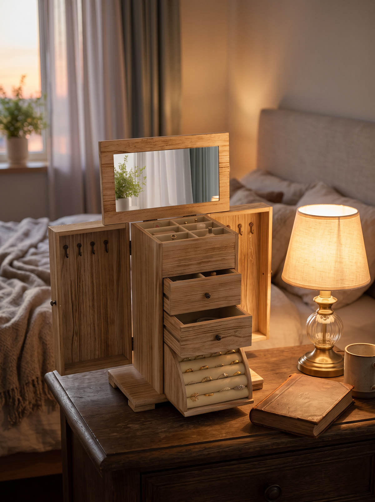 Boîte à Bijoux en Bois 4 Niveaux – 2 Tiroirs et Miroir Intégré