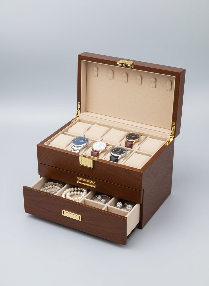 Boîte à bijoux et montres en bois marron avec montres et bijoux